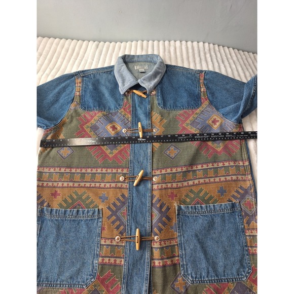 Vtg Denim Corduroy Collar Chore Barn Field Jacket Womens 26/28 Blue Aztec Tribal - Picture 6 of 14